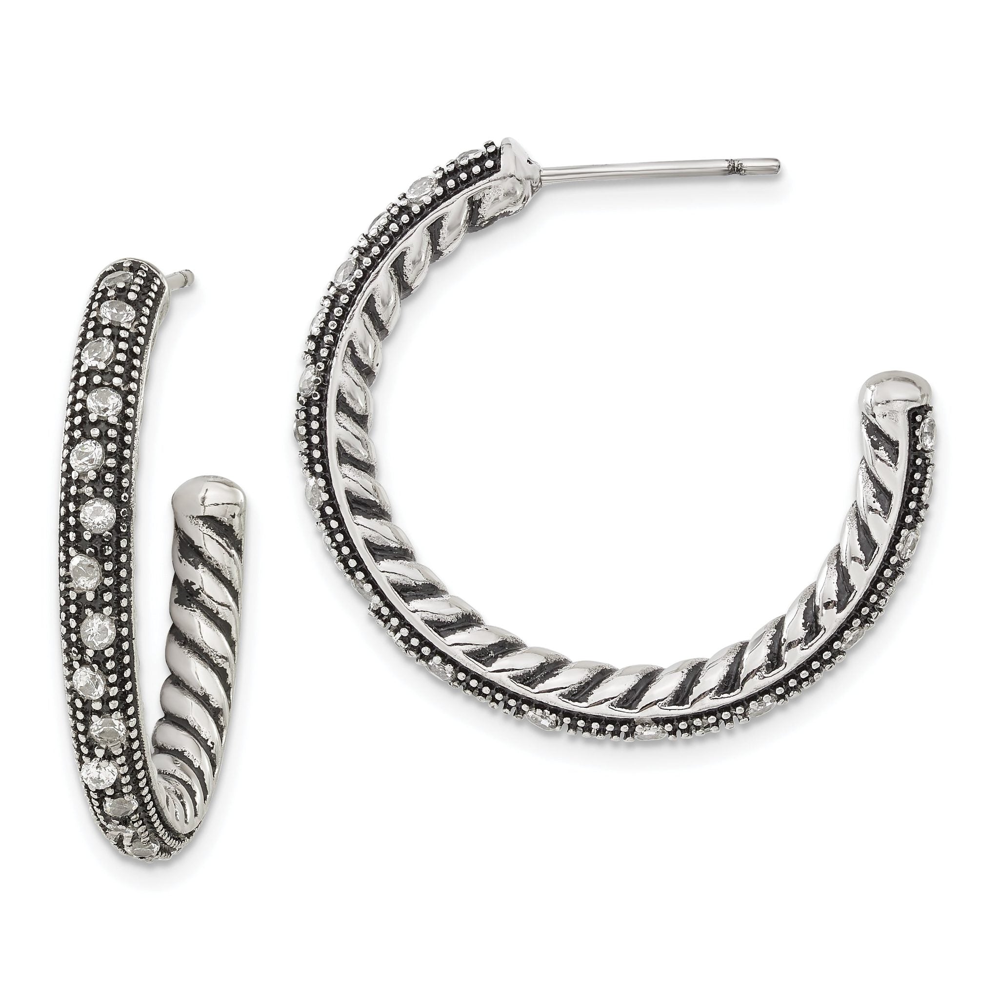 Stainless Steel Polished & Antiqued Cubic Zirconia C-Hoop Earrings for Women Main image