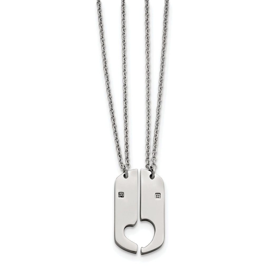 Split Hearts Dog Tag Necklace Set in Stainless Steel with CZ