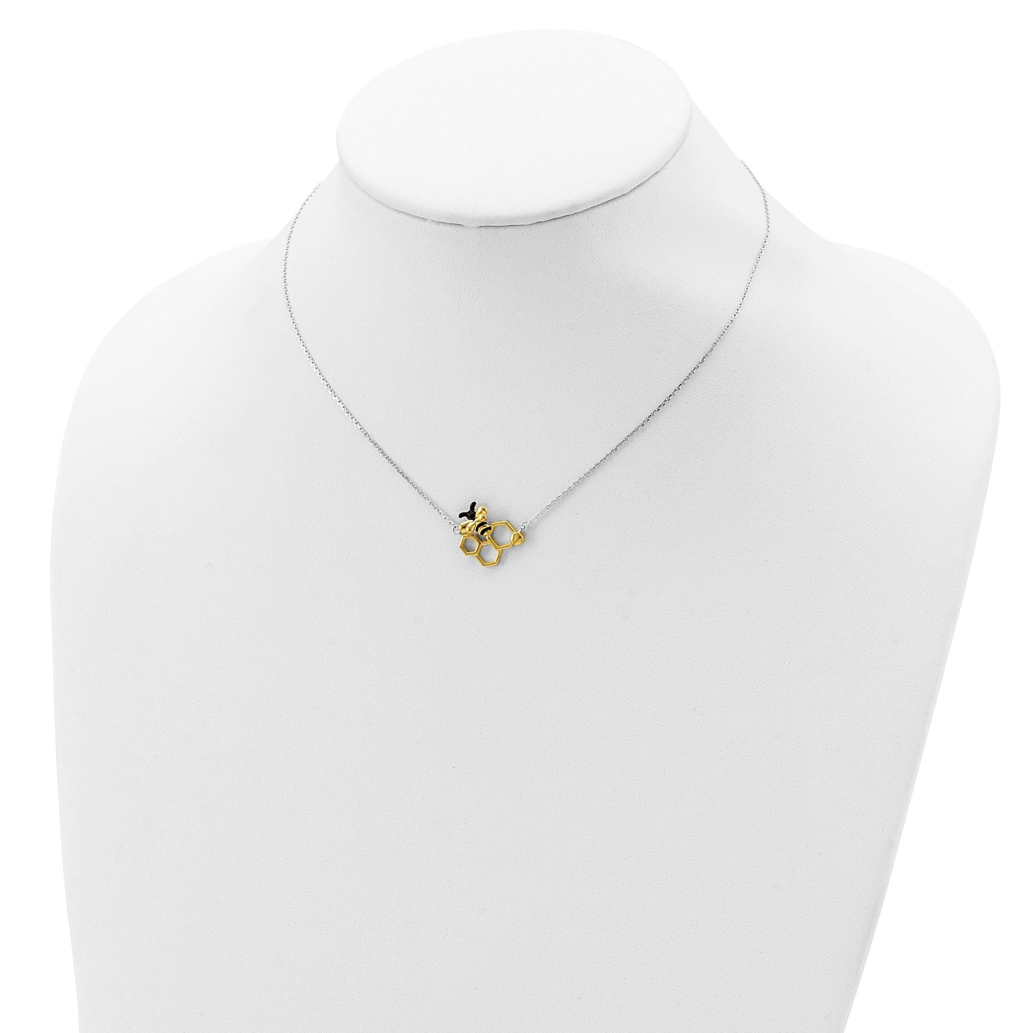Sterling Silver RH-plated Gold-tone Enamel Bee With 2 in ext Necklace