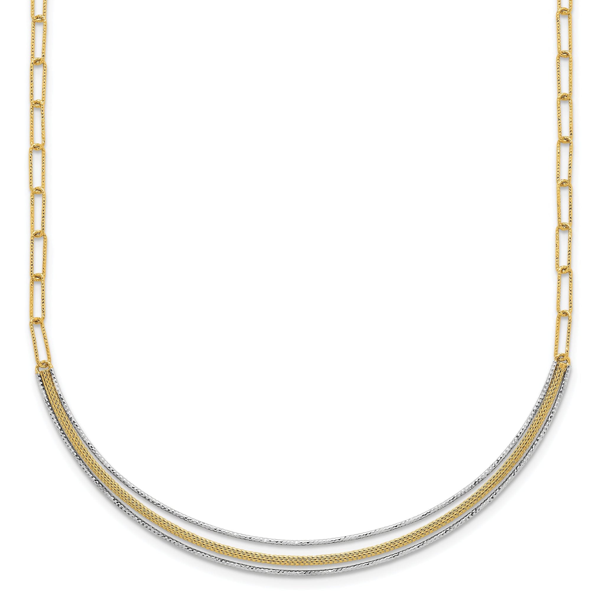 14k Two-Tone Textured Woven Curved Bar with Long Link 17 inch Necklace Plus 2 inch Extender Main image