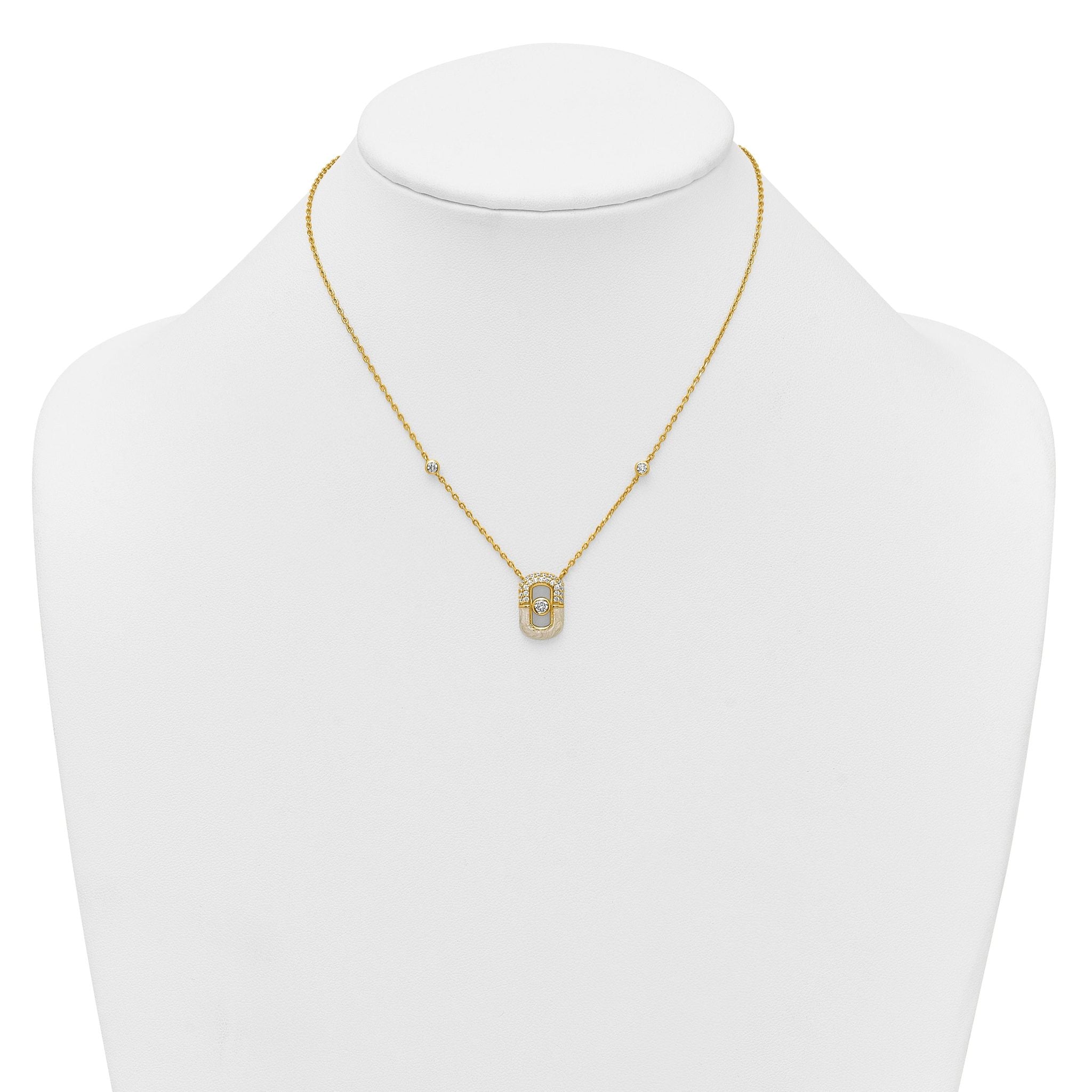 Sterling Silver Gold-tone CZ and Champagne Enamel Rectangle 16 inch with 1.5 inch Extension Necklace