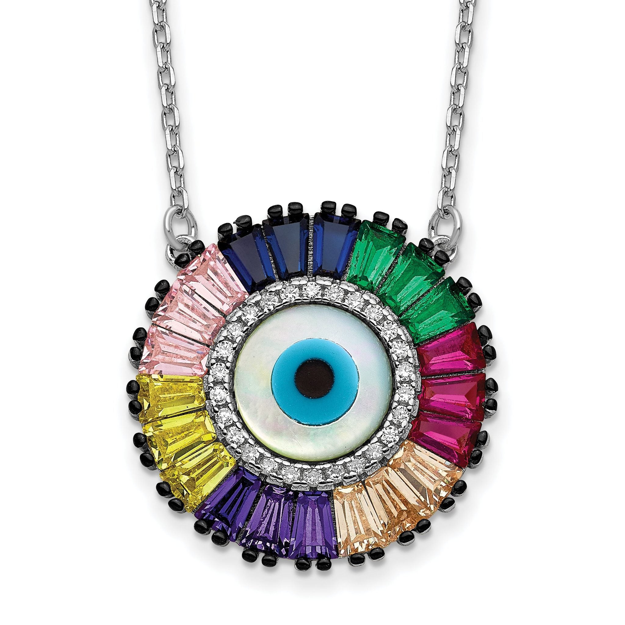Prizma Sterling Silver Rhodium-Rhodium-Plated 16 inch White and Colorful CZ and Glass Evil Eye Necklace with 2 inch Extender Main image