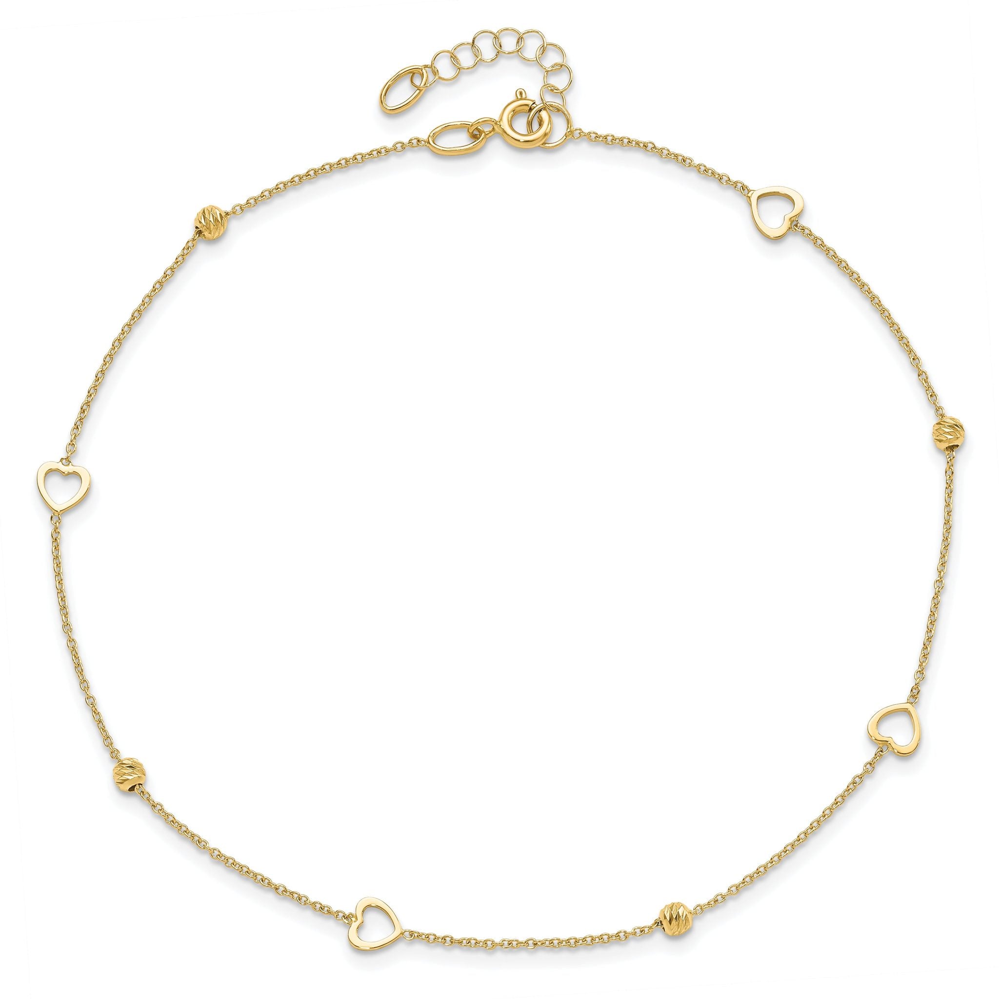 14K Polished and Diamond Cut Heart w/1in ext. Anklet