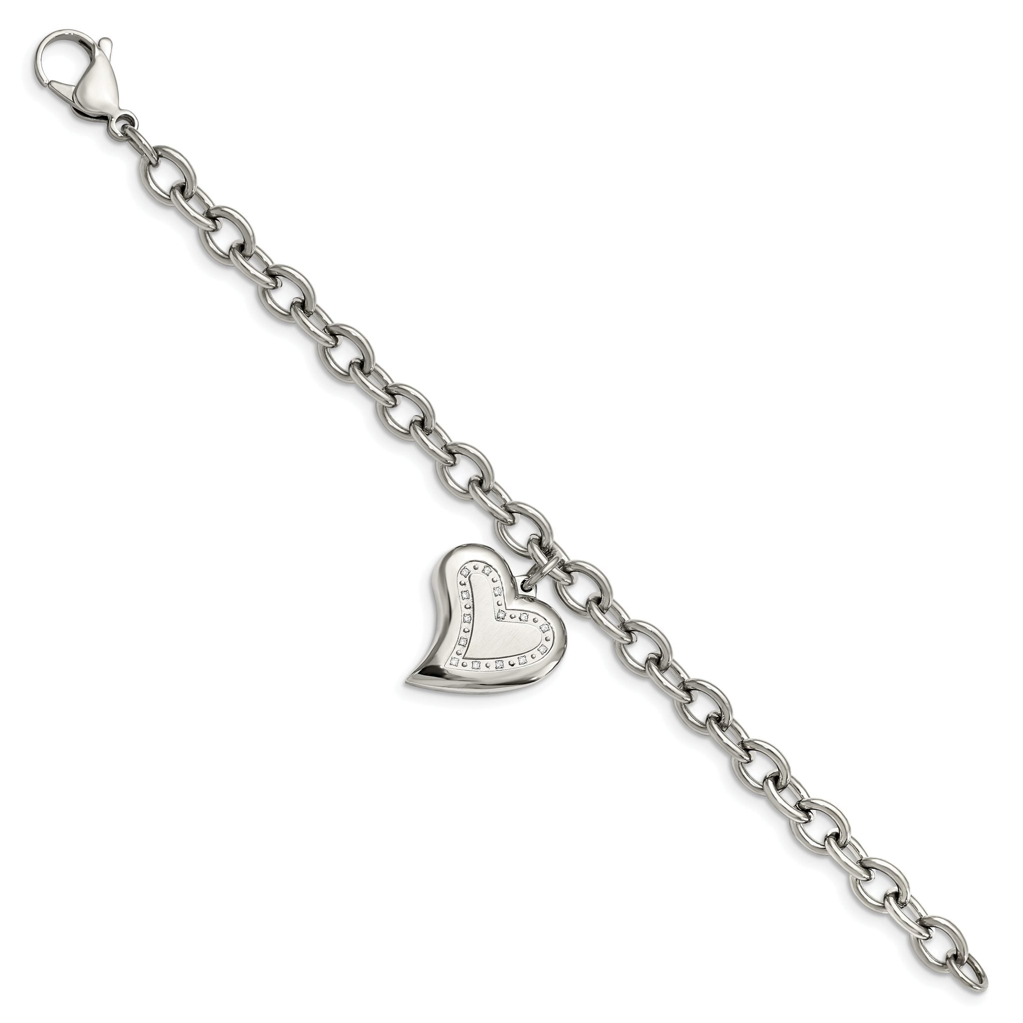 Stainless Steel Polished with Cubic Zirconia Heart Charm Bracelet for Women