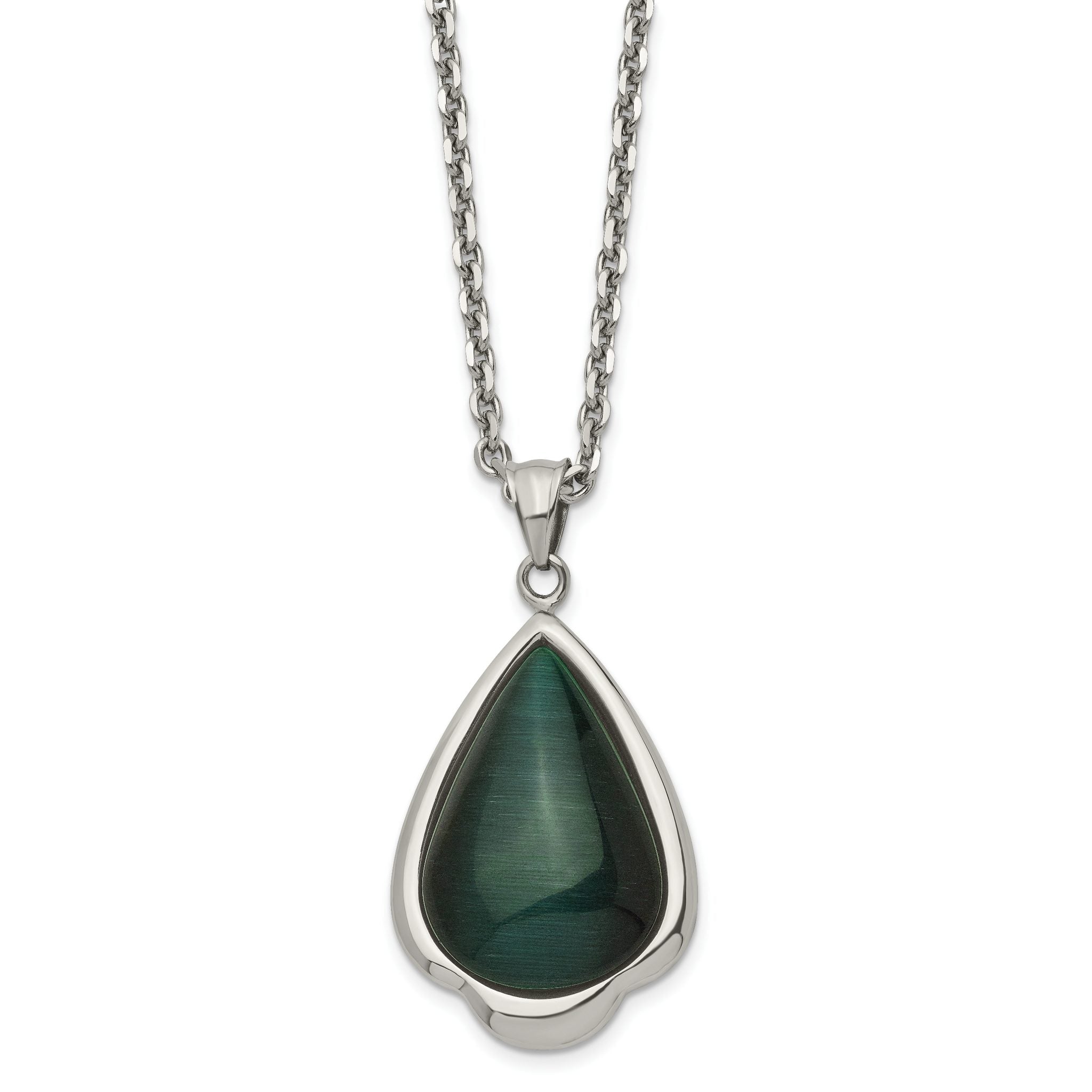 Stainless Steel Green Cat's Eye Teardrop Necklace 20in Polished Finish Main image