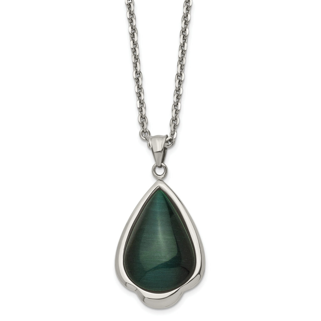 Stainless Steel Green Cat's Eye Teardrop Necklace 20in Polished Finish