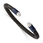 Stainless Steel Brushed and Polished Blue/Dark Grey IP-plated Black Leather Flexible Cuff Bangle Bracelet