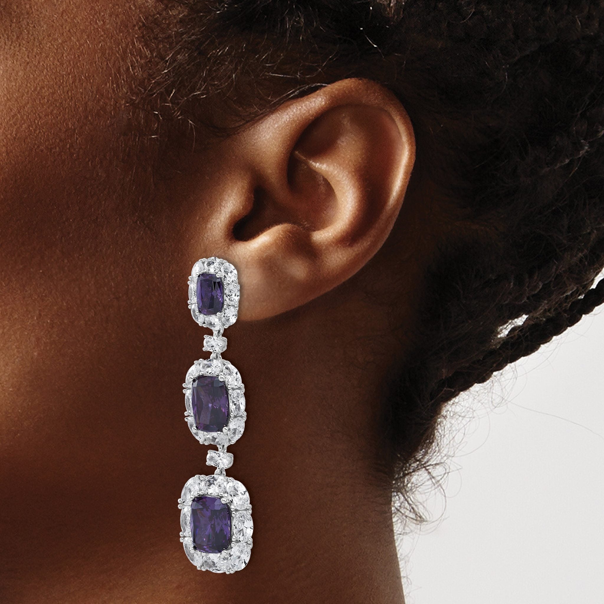Cheryl M Sterling Silver Rhodium-plated Polished Fancy Purple and White CZ Halo Cluster Post Dangle Earrings