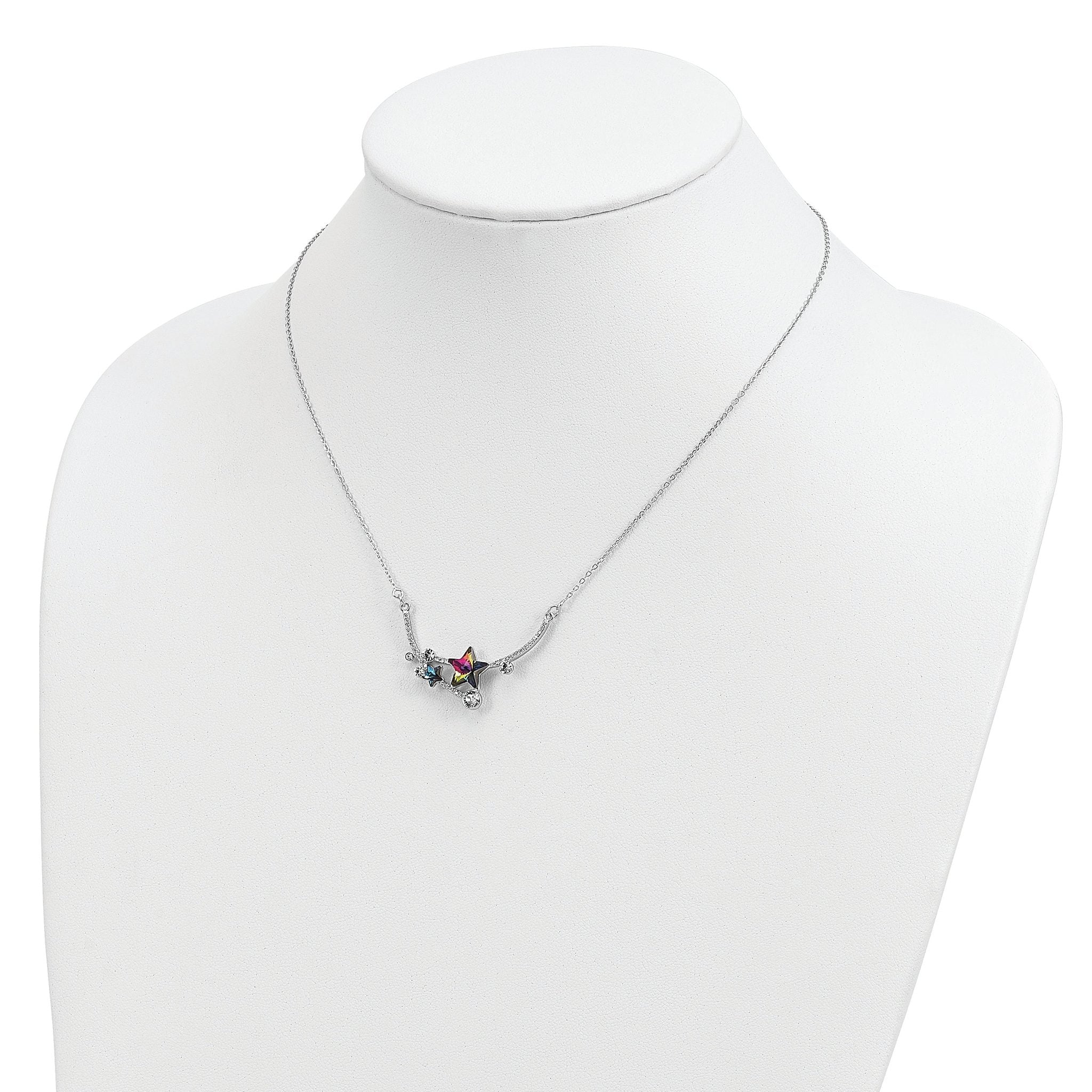 Sterling Silver RH-plated Multi-color Crystal Star w/2in ext Necklace