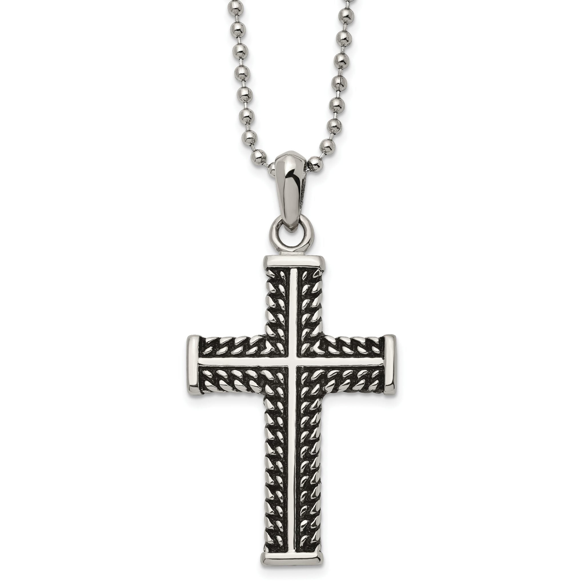 Chisel Stainless Steel Antiqued and Polished Chain Design Cross Pendant on a 22 inch Ball Chain Necklace Main image