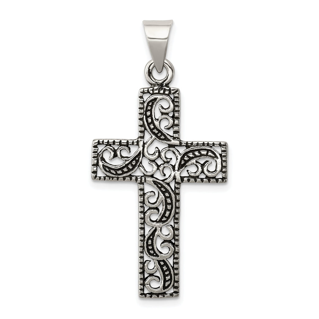 Sterling Silver 925 Antiqued Scroll Cross Pendant Polished Vintage Charm