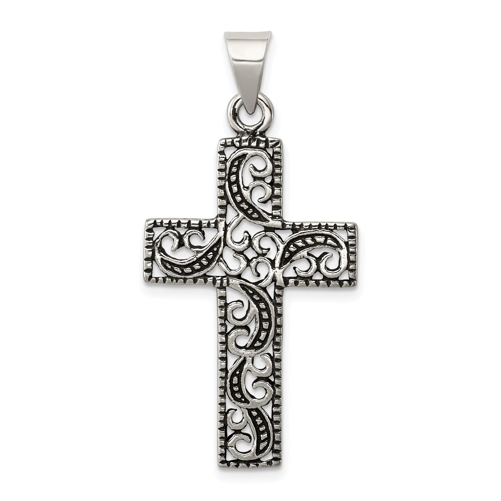 Sterling Silver 925 Antiqued Scroll Cross Pendant Polished Vintage Charm