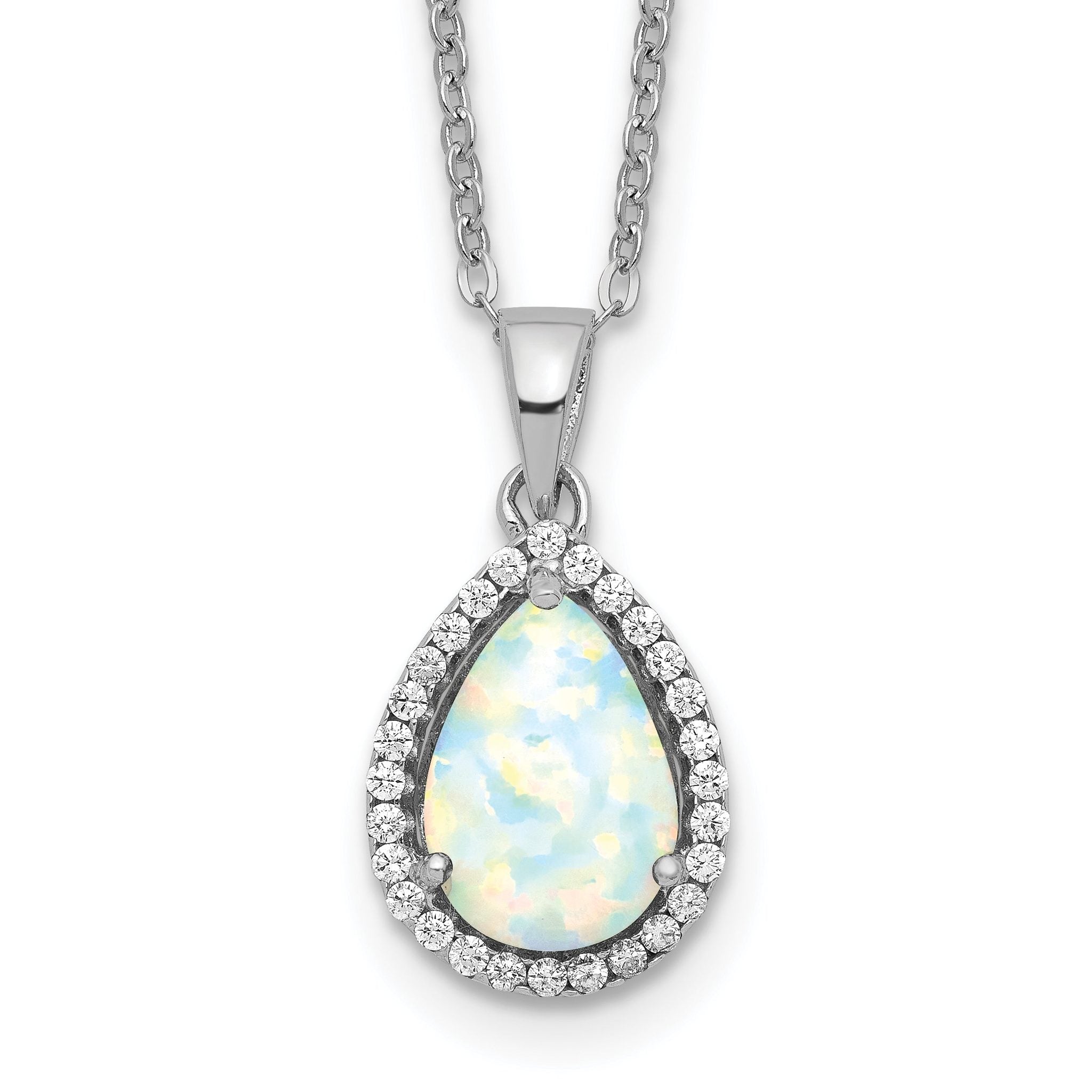 Sterling Silver Rhodium Polished Simulated Opal & CZ Necklace Main image