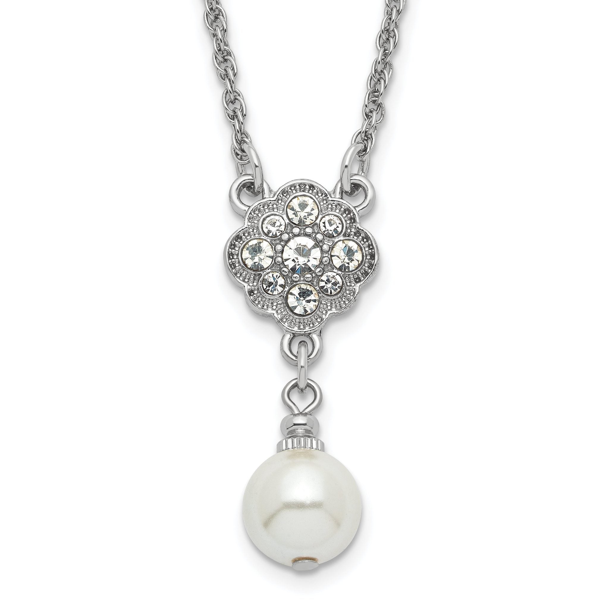 1928 Silver-tone Crystal and Imitation Pearl 16in With  3in ext. Necklace