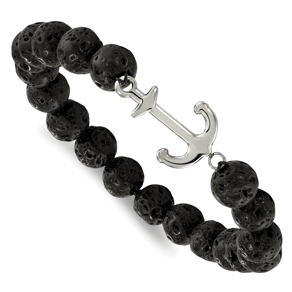 Stainless Steel Polished Anchor 10mm Black Lava Stone Stretch Bracelet for Men