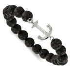 Stainless Steel Polished Anchor 10mm Black Lava Stone Stretch Bracelet for Men