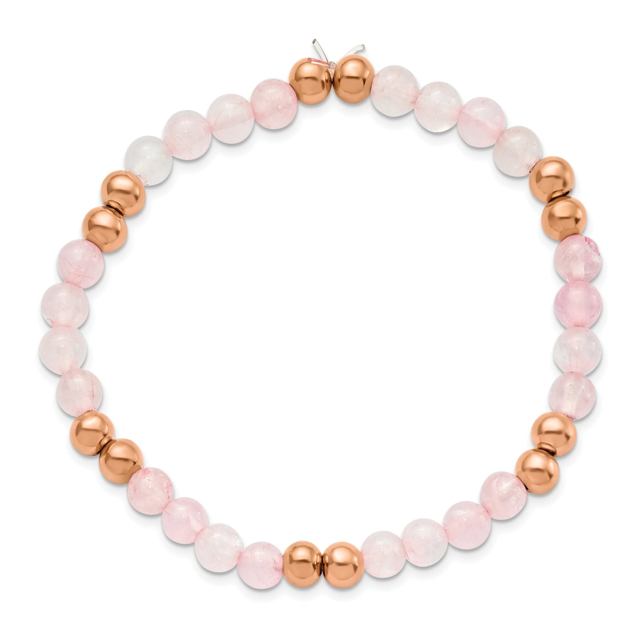 Stainless Steel Polished Rose IP-plated 6mm Pink Quartz Beaded Stretch Bracelet for Women