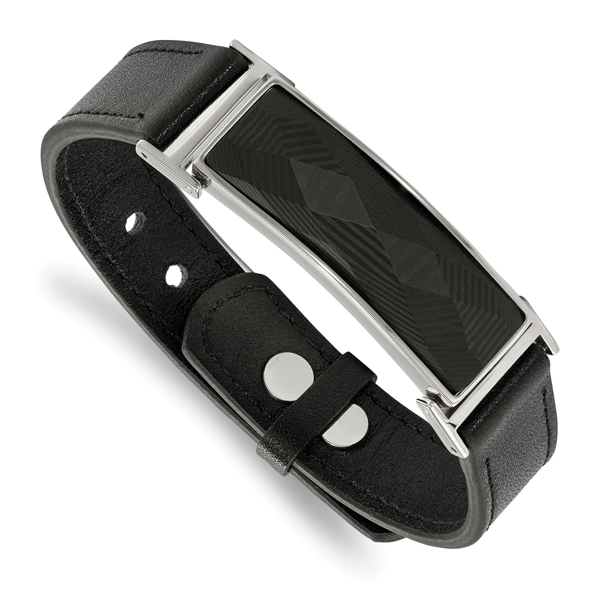 Stainless Steel Polished Black Leather with Black Carbon Fiber Inlay Adjustable 7 to Bracelet for Men Main image