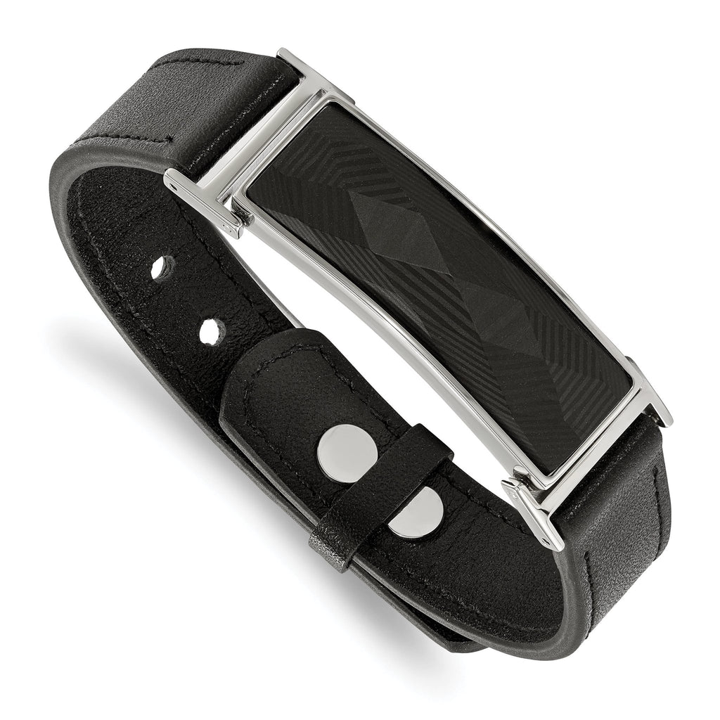 Stainless Steel Polished Black Leather with Black Carbon Fiber Inlay Adjustable 7 to Bracelet for Men
