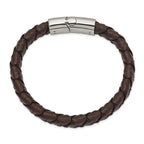 Stainless Steel Polished Black and Brown Textured Leather Bracelet for Men