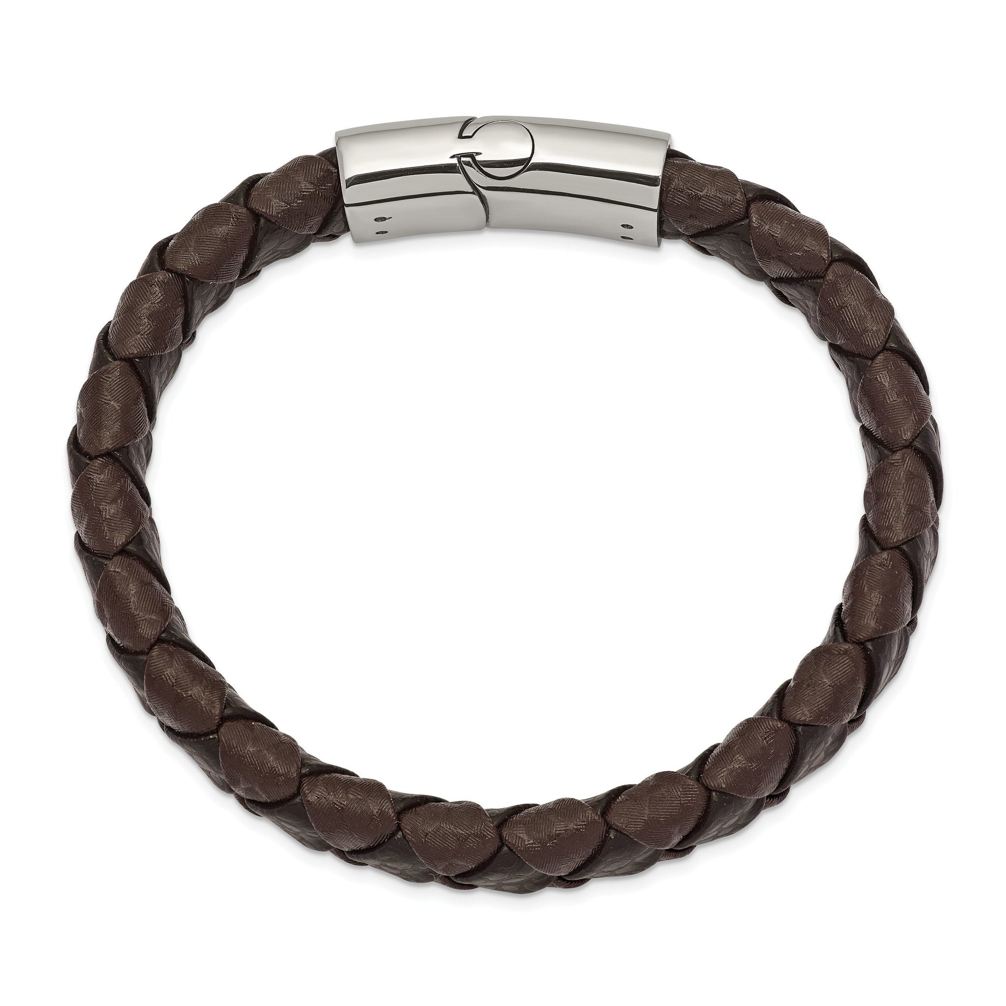 Stainless Steel Polished Black and Brown Textured Leather Bracelet for Men