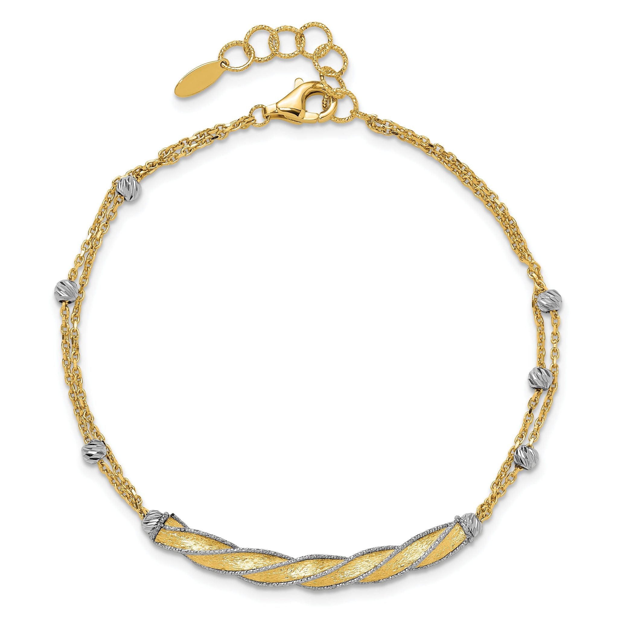 14K Two-tone Polish/Satin/Dia-cut Fancy Bar w/1in ext. Bracelet