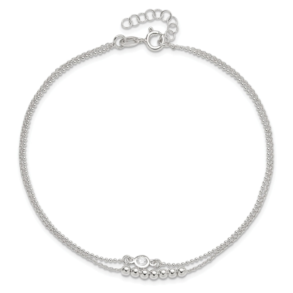 Sterling Silver 2-Strand Beaded CZ 9 inch Plus 1 inch Extender - Total 10 inch Anklet