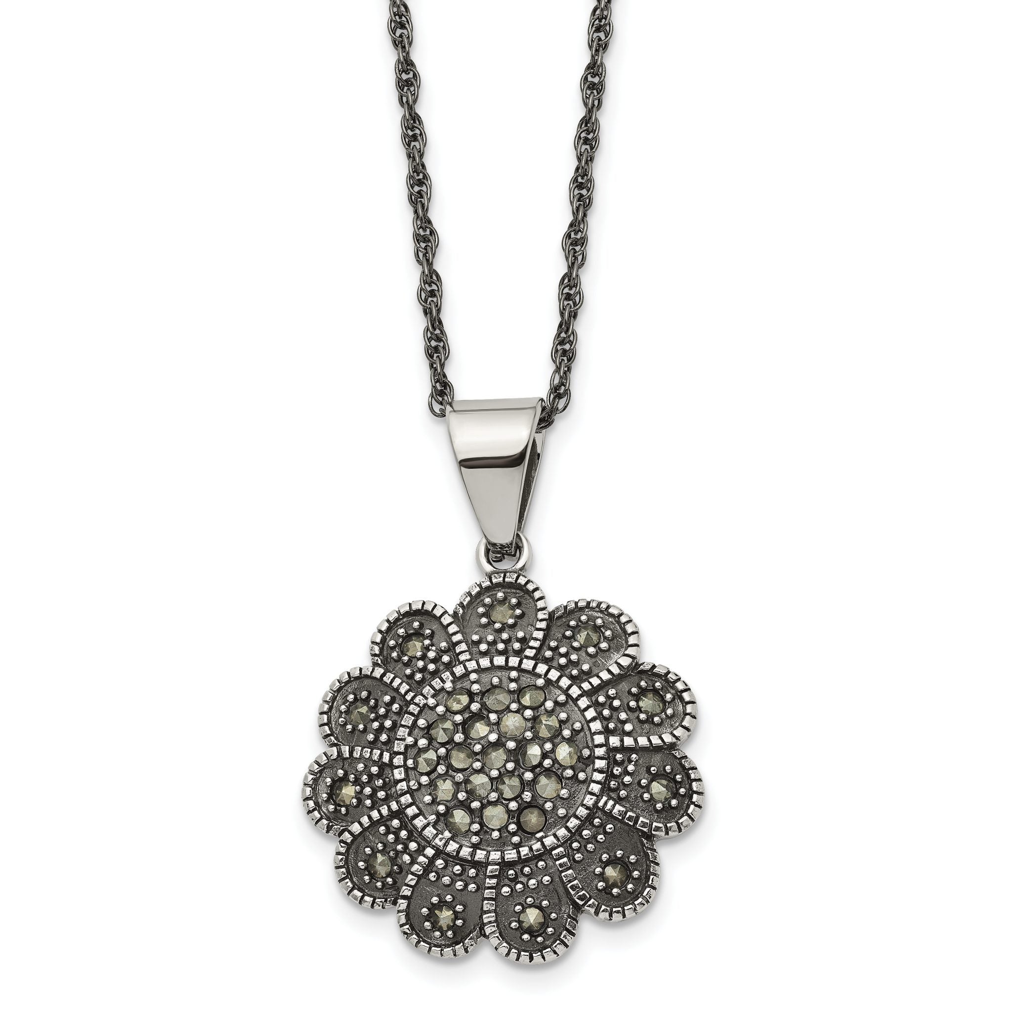 Stainless Steel Antiqued and Polished Marcasite Flower 20in Necklace Main image