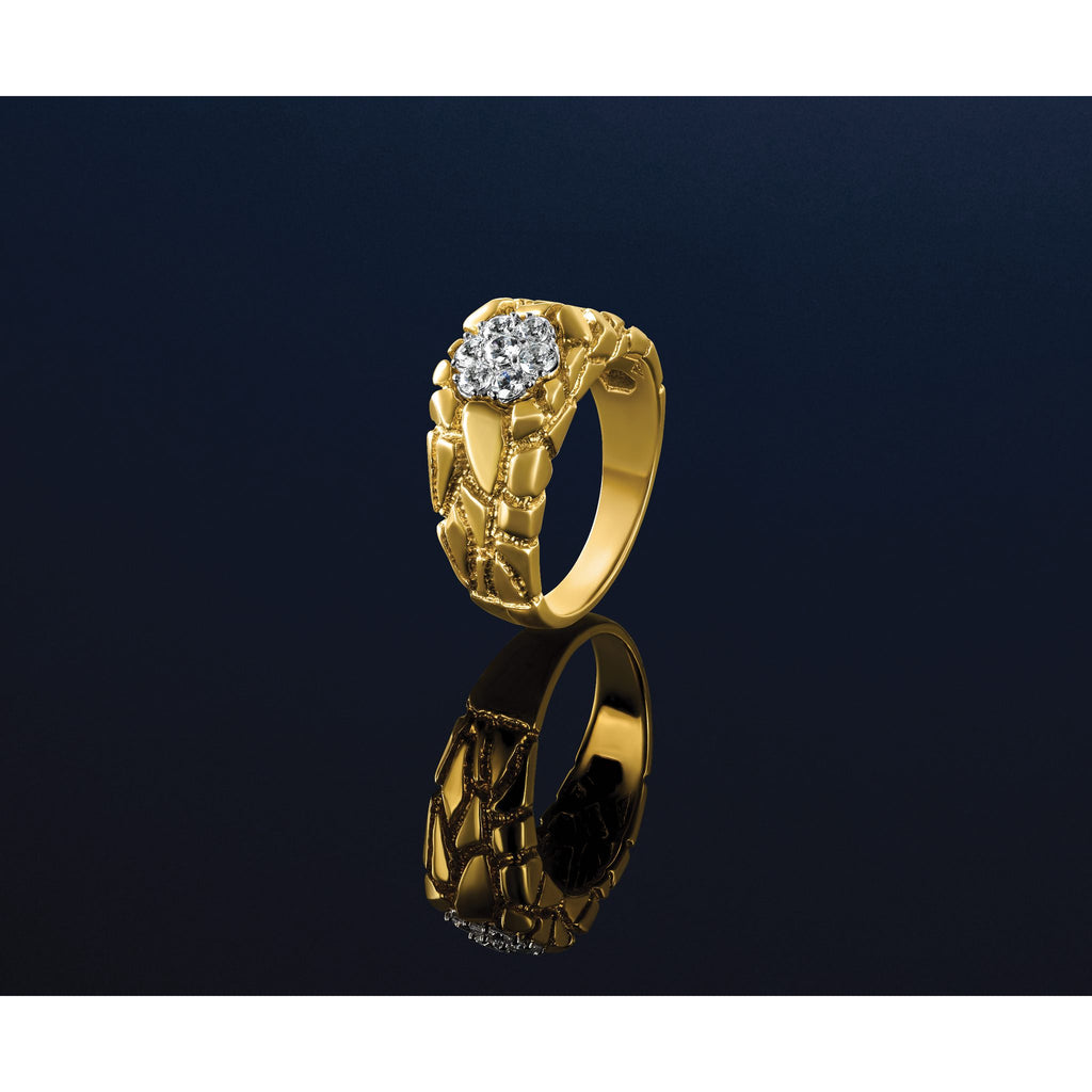 10k Two-tone Men's Polished and Nugget Textured Round 1/2 Carat A Quality Diamond Cluster Ring
