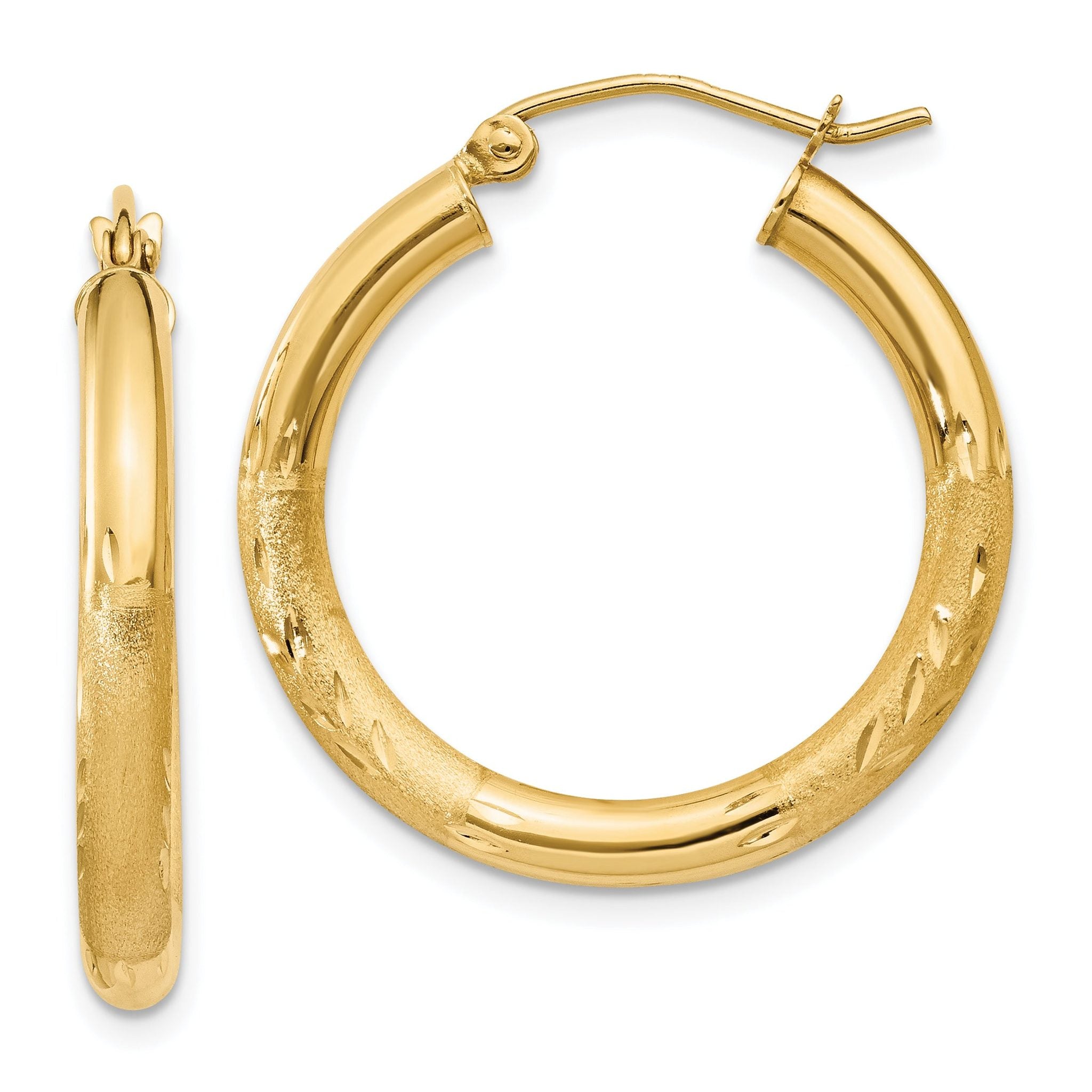 14k Satin and Diamond-cut 3mm Round Hoop Earrings Main image