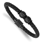 Stainless Steel Polished Black IP-plated Braided Black Leather and Rubber Bracelet