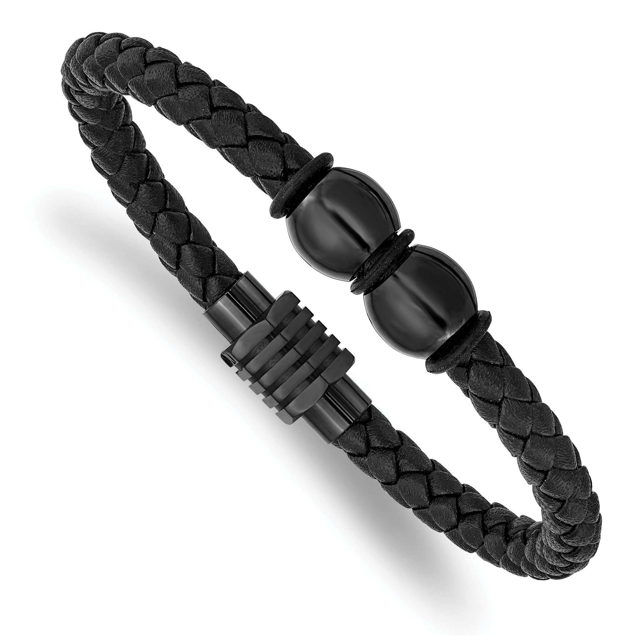 Stainless Steel Polished Black IP-plated Braided Black Leather and Rubber Bracelet