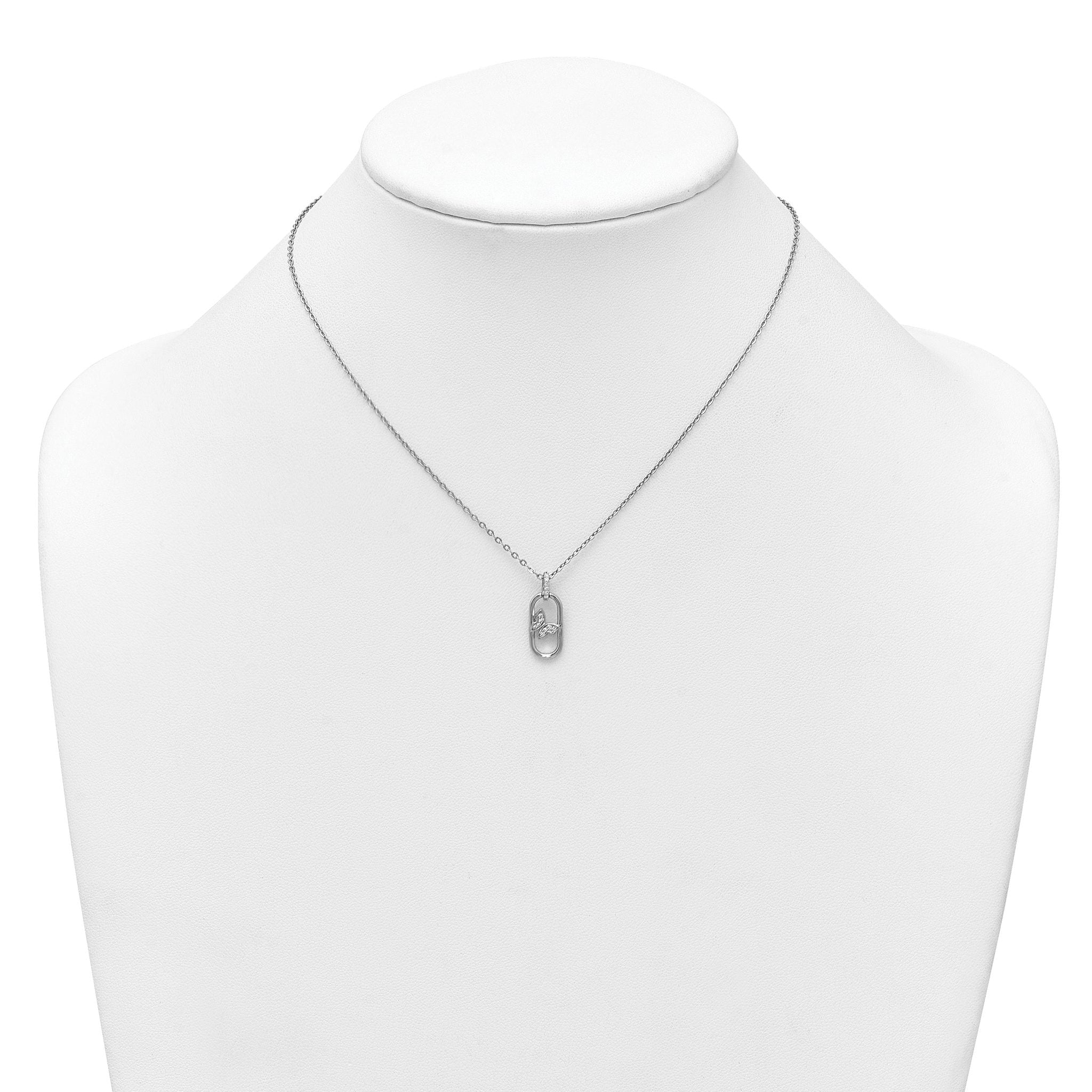 Sterling Silver Rhodium-plated CZ Oval with Butterfly 16 inch with 1.5 inch Extension Necklace