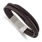 Stainless Steel Brushed Multi Strand Brown Braided Leather and Wire Bracelet with . Extension