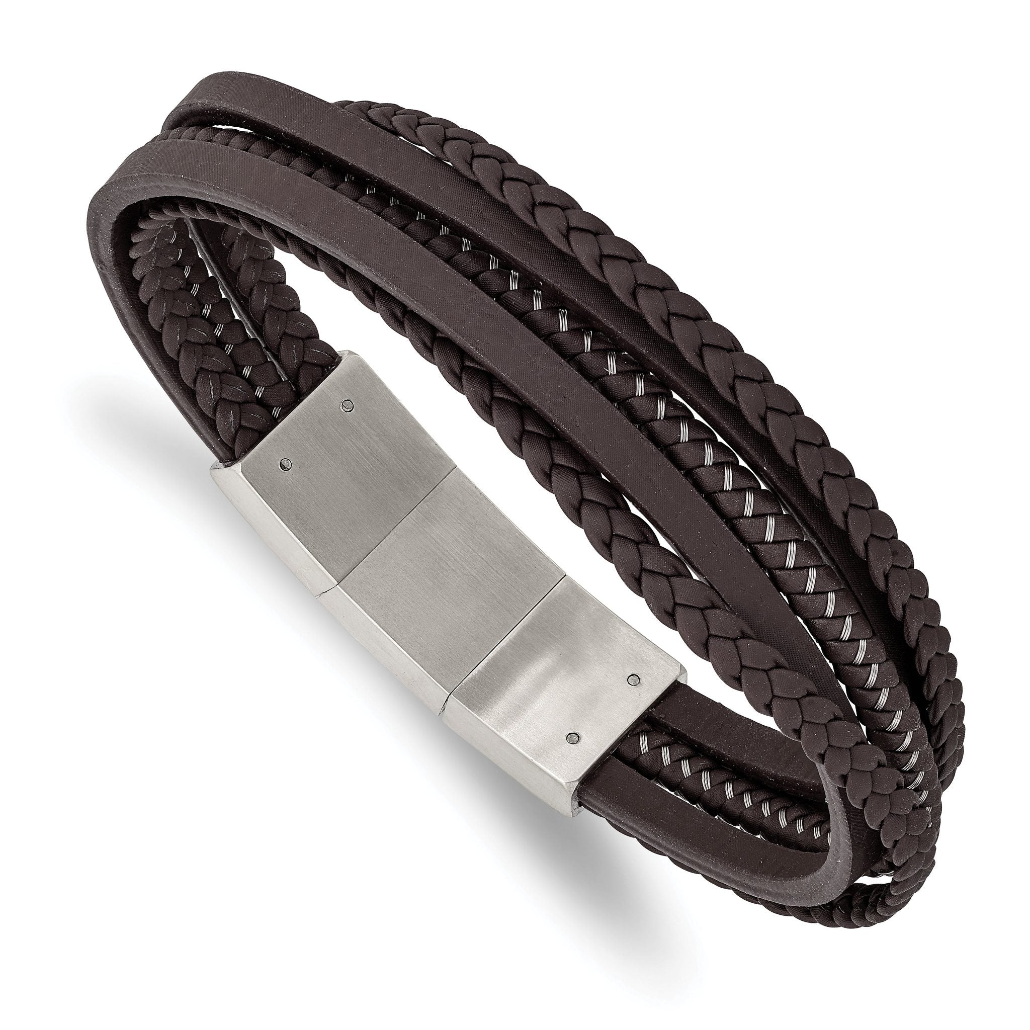 Stainless Steel Brushed Multi Strand Brown Braided Leather and Wire Bracelet with . Extension