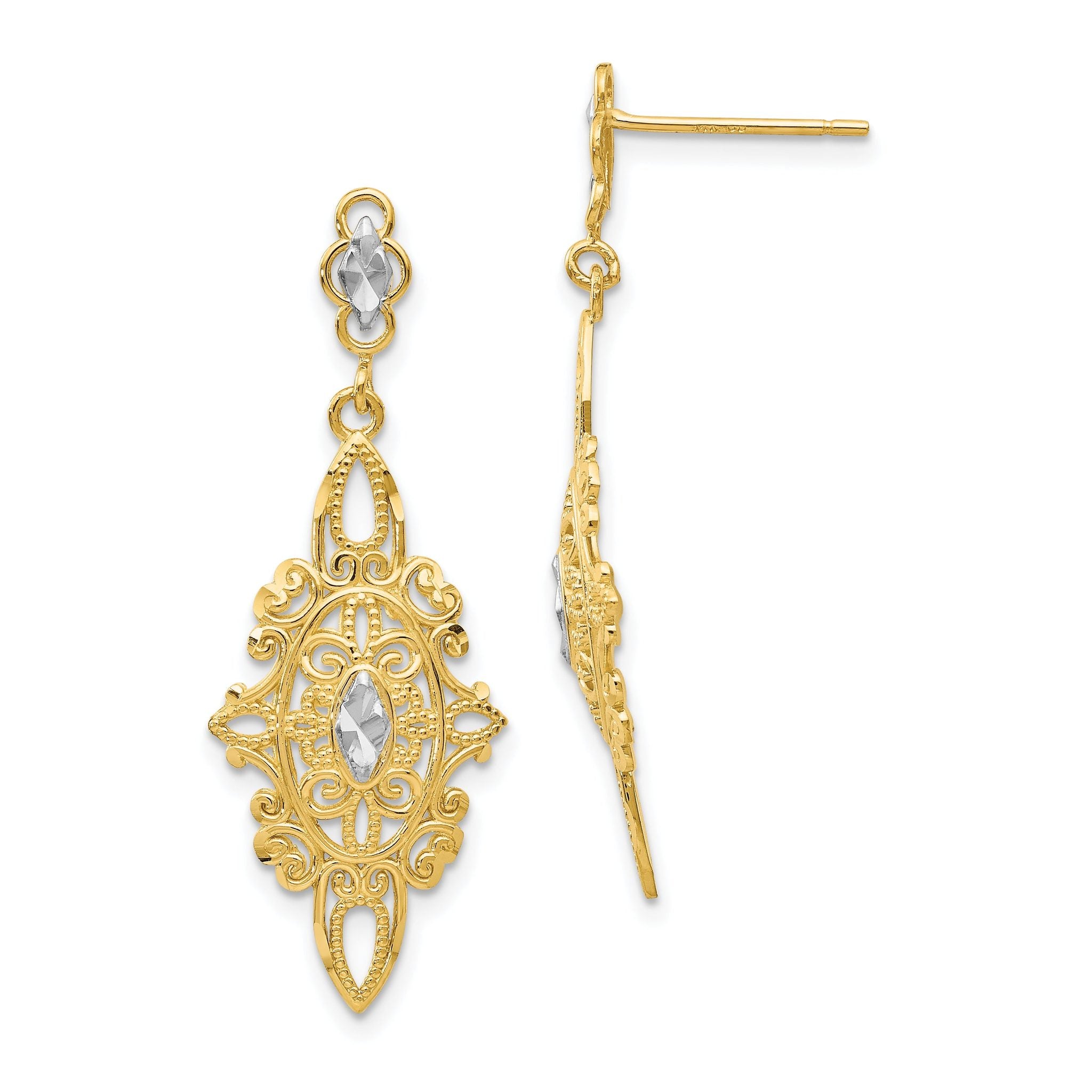 14K Gold Rhodium Diamond-Cut Filigree Drop Earrings for Women