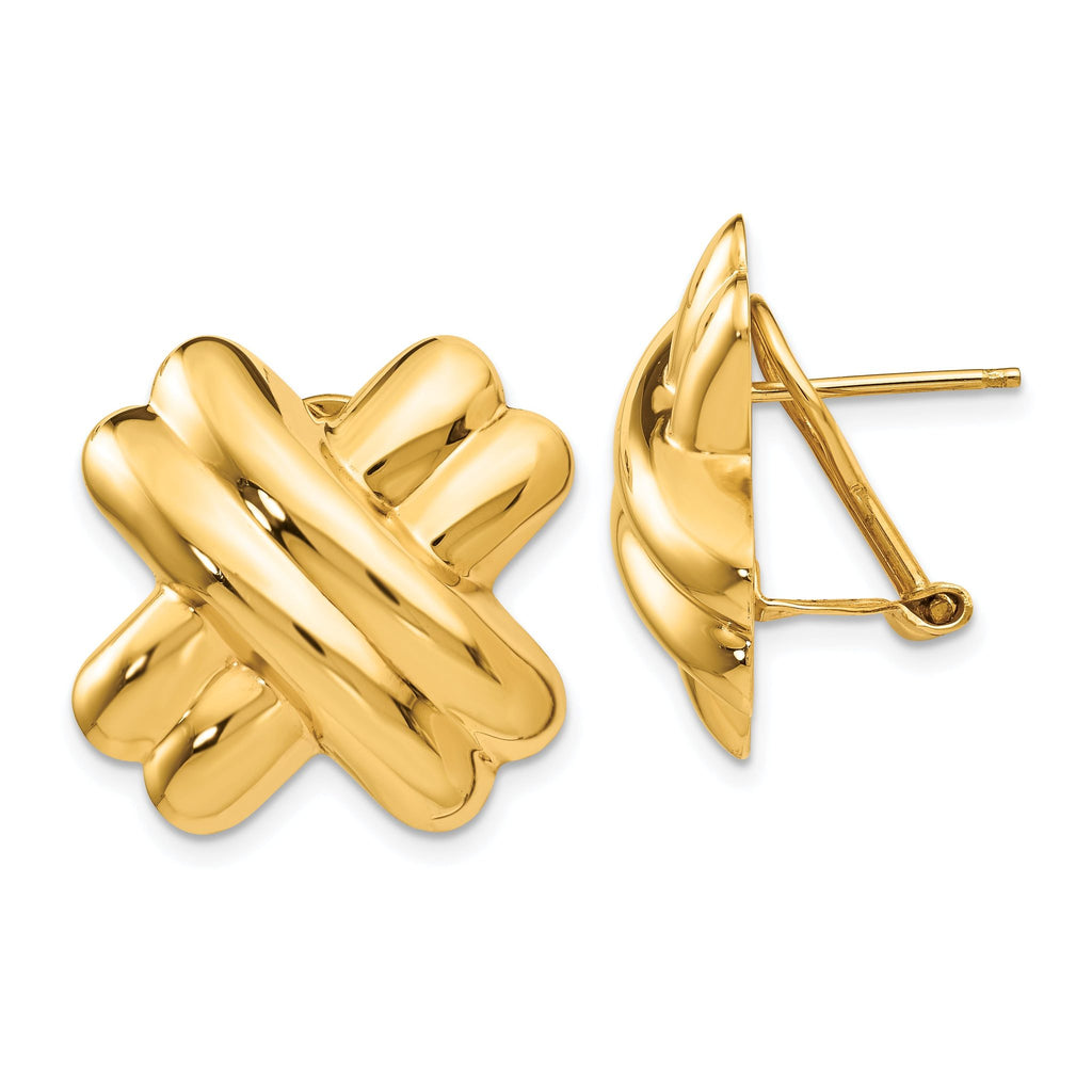 14K Gold Polished X Button Earrings with Omega Back  Elegant Women's Design