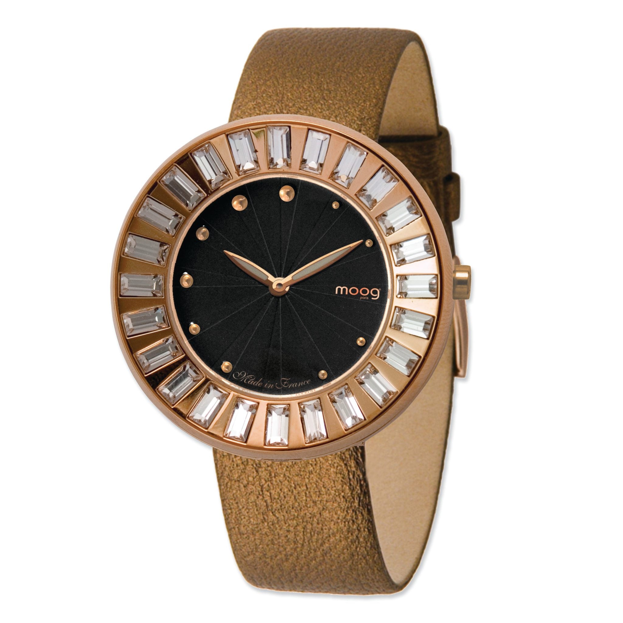 Moog Rose-pltd Crystal Bezel Black Dial Watch w/(ME-GRG) Brn Band