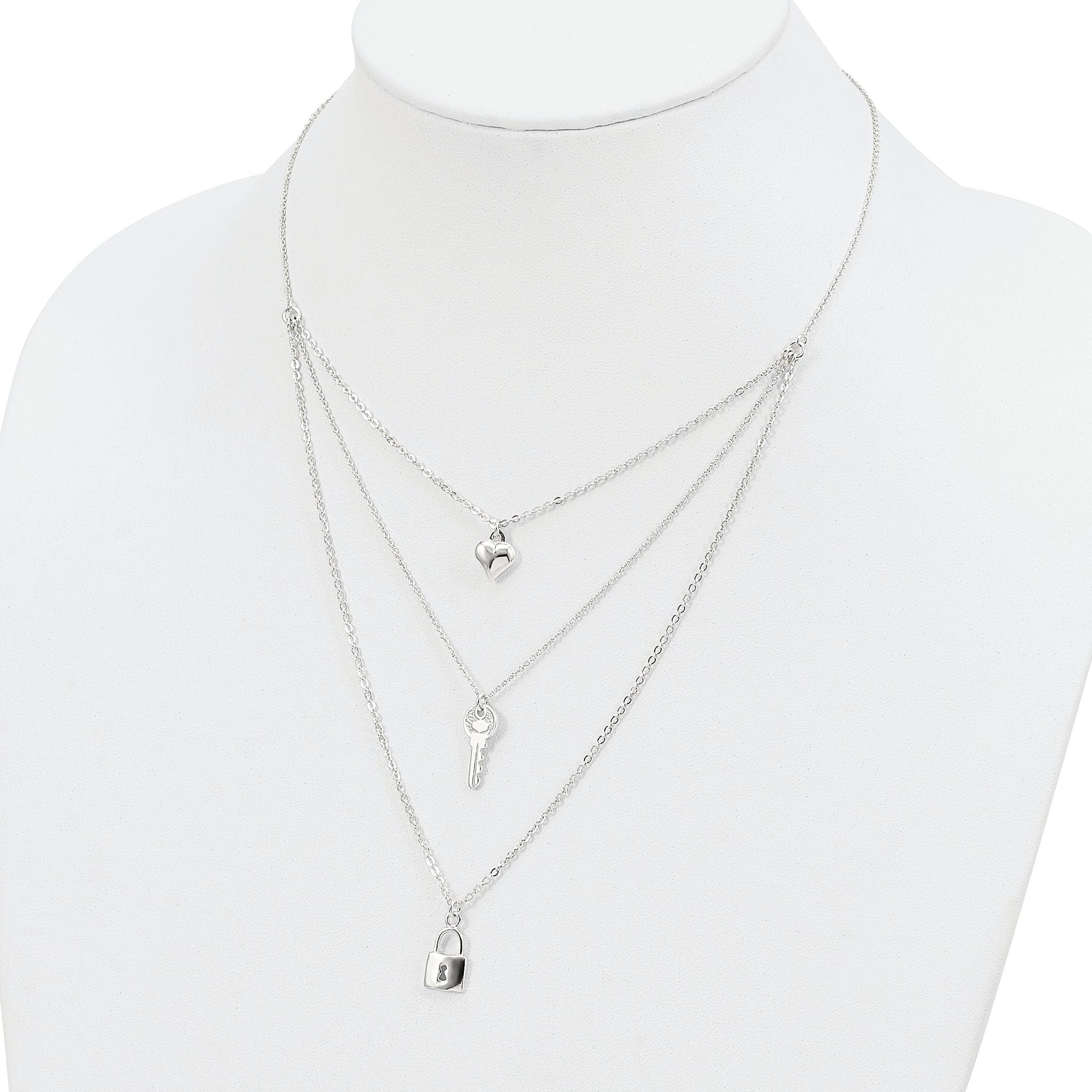 Sterling Silver Lock, Heart and Key Multi-Strand 16in Necklace