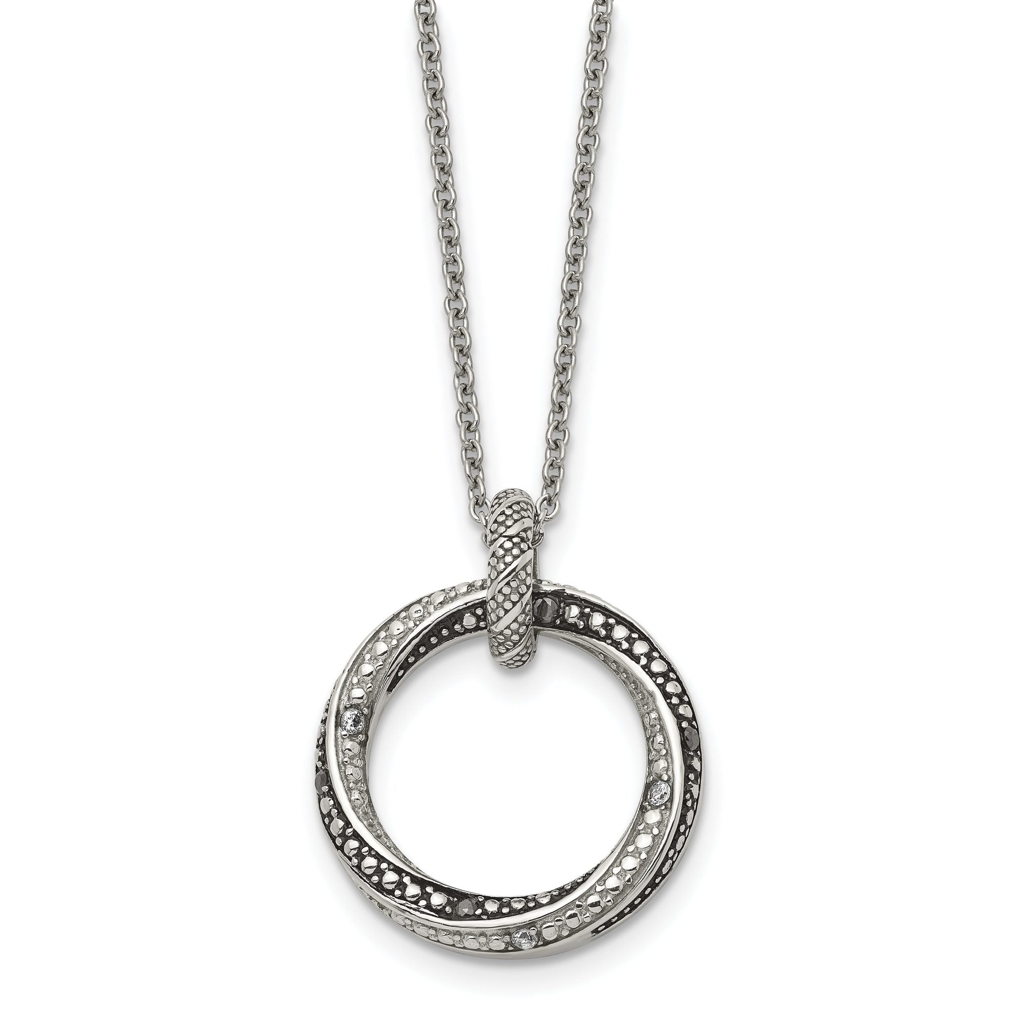 Stainless Steel Antiqued and Polished Black/Clear CZ Circle 18in Necklace Main image