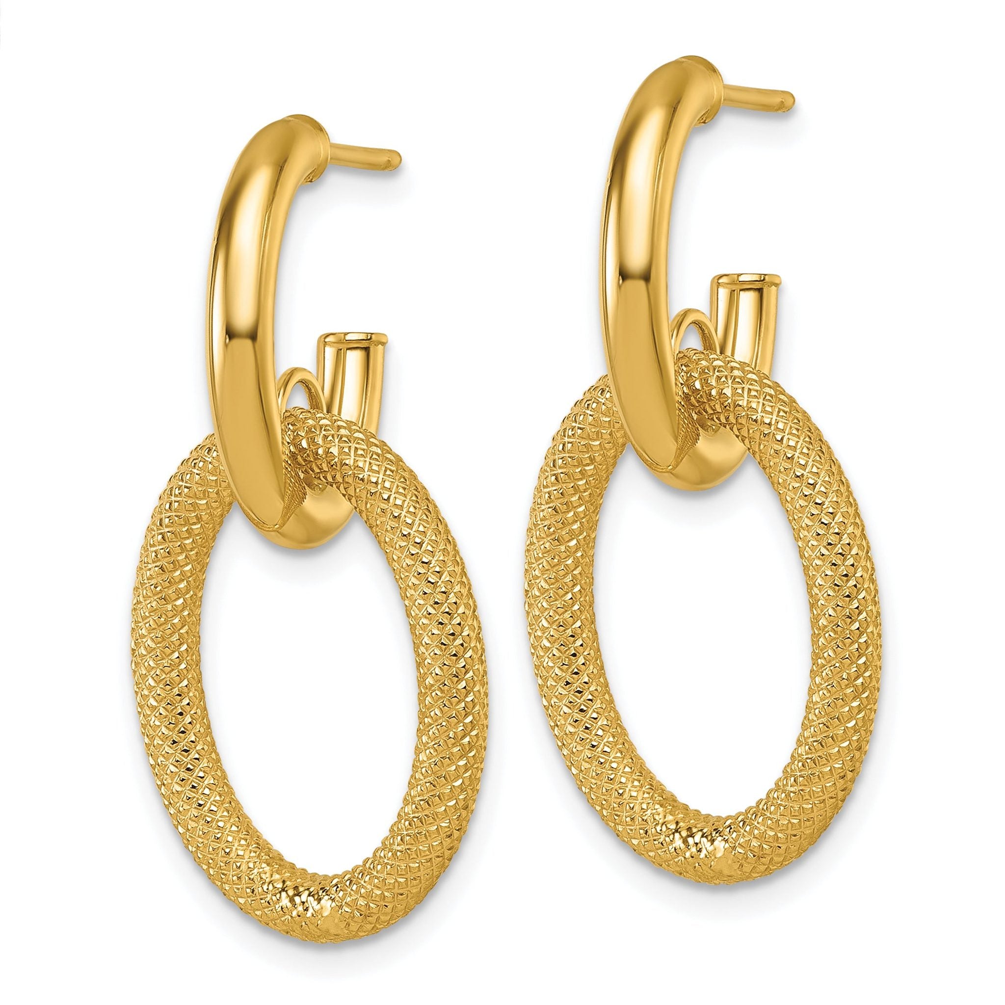 14K Polished and Textured Oval Dangle C-Hoop Post Earrings Secondary image