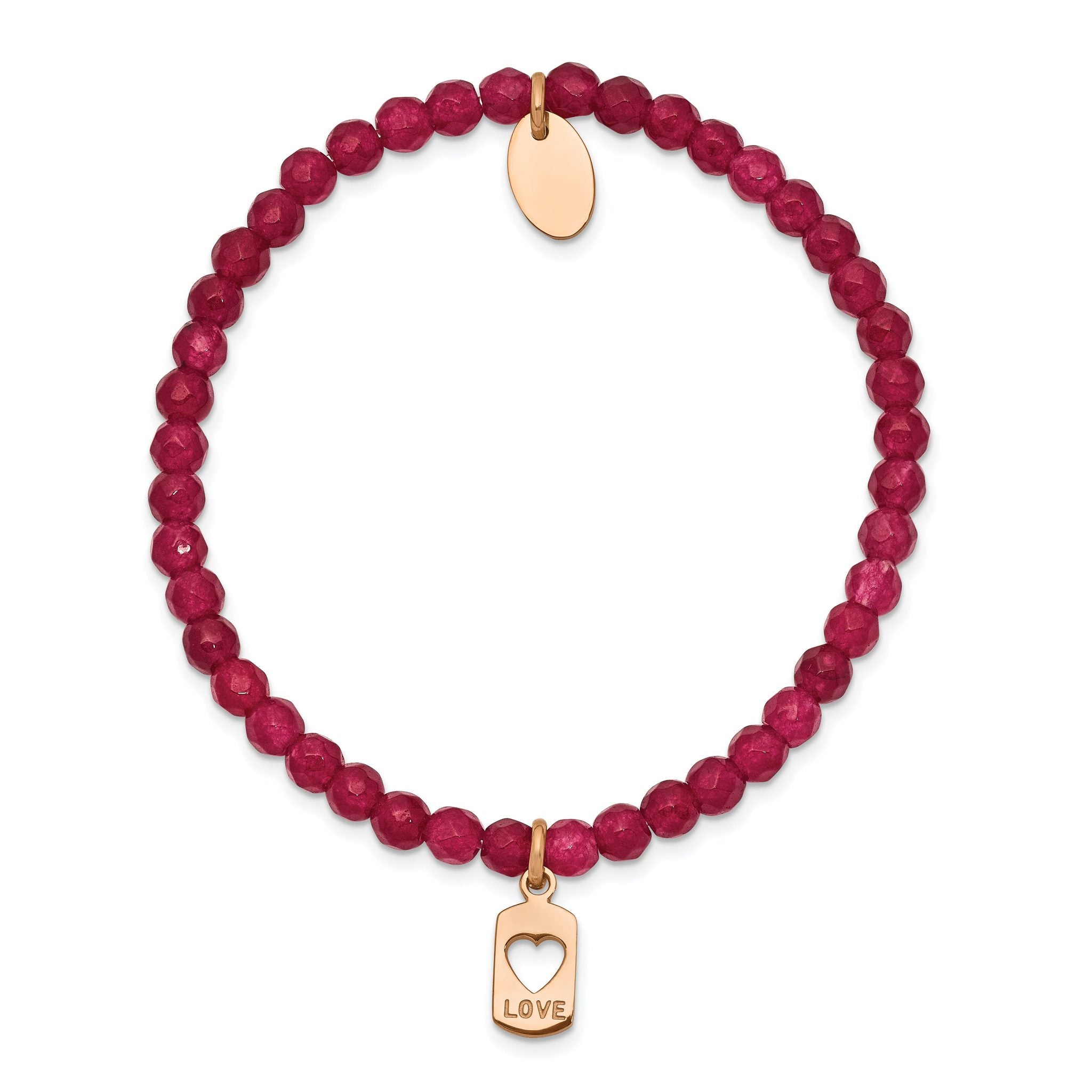 Stainless Steel Polished Rose IP-plated Love 4mm Red Jade Beaded Stretch Bracelet for Women
