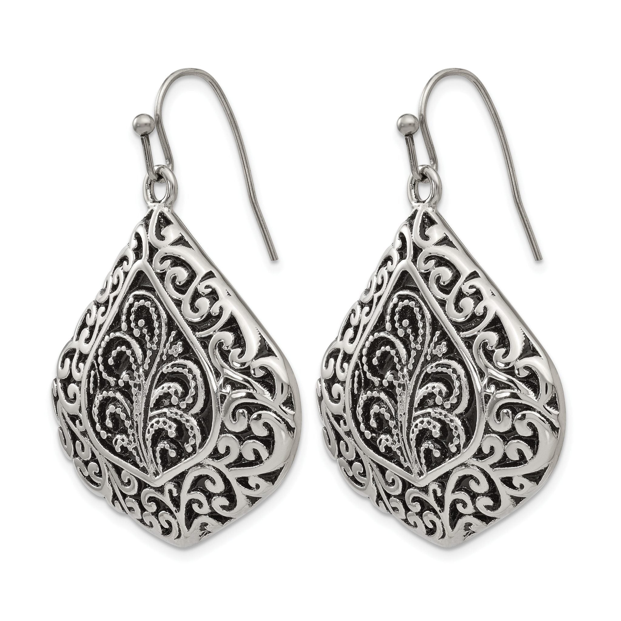 Stainless Steel Polished & Antiqued Textured Drop Dangle Earrings for Women Secondary image