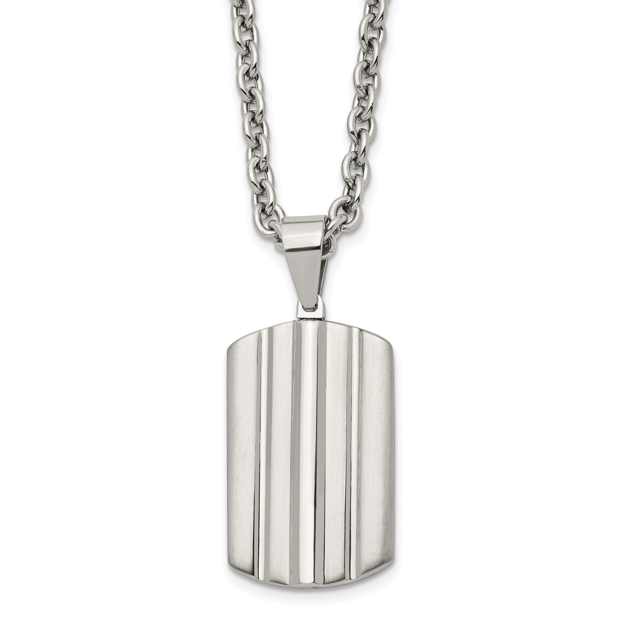 Grooved Dog Tag Necklace in Stainless Steel, 24 in