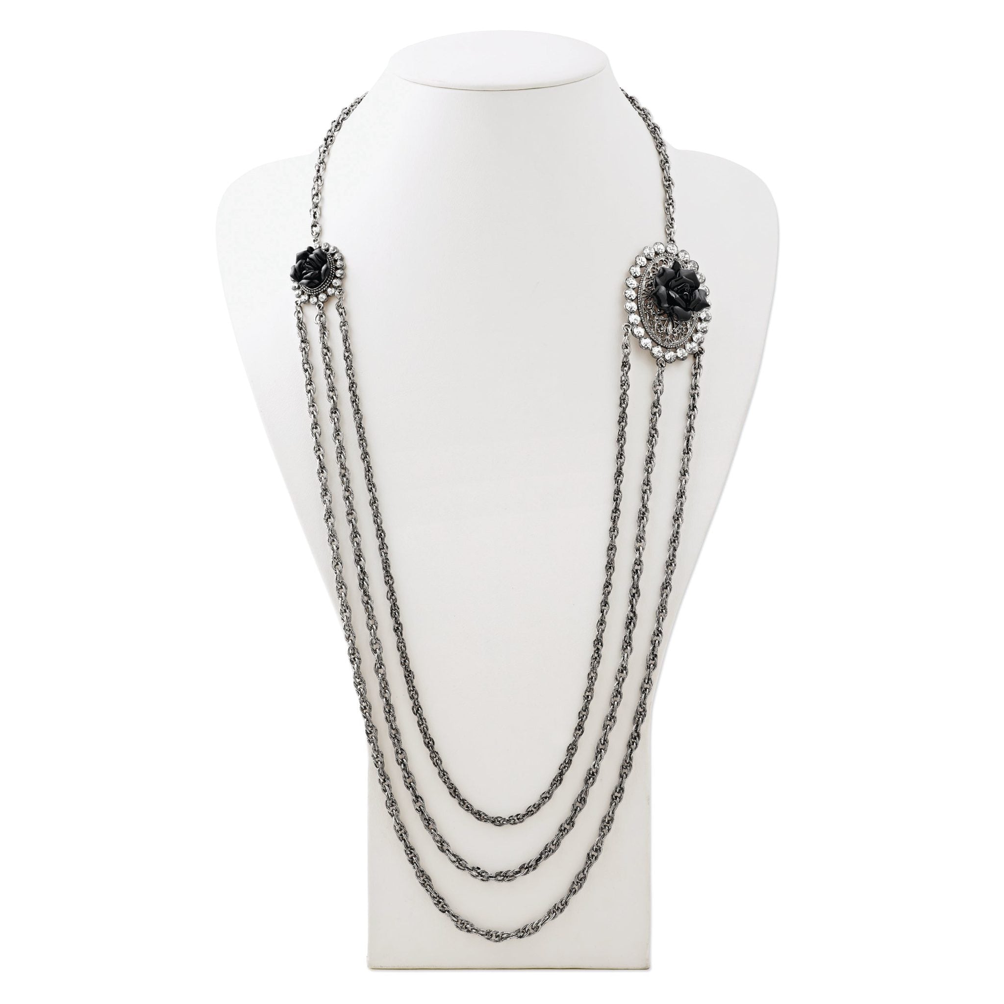 1928 Silver-tone Black Flowers & Crystal Layered Necklace Secondary image