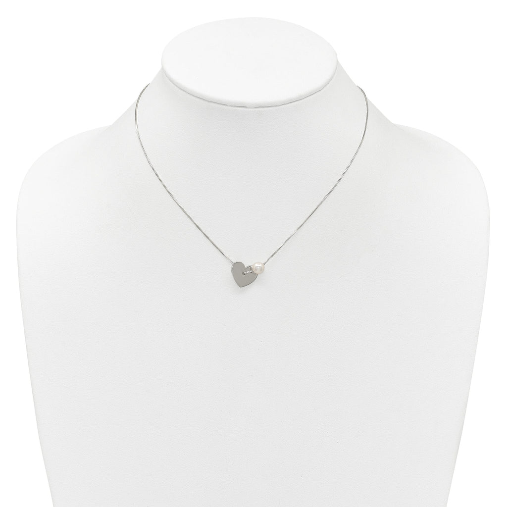 Sterling Silver Polished Heart and Glass Pearl 16 inch Necklace