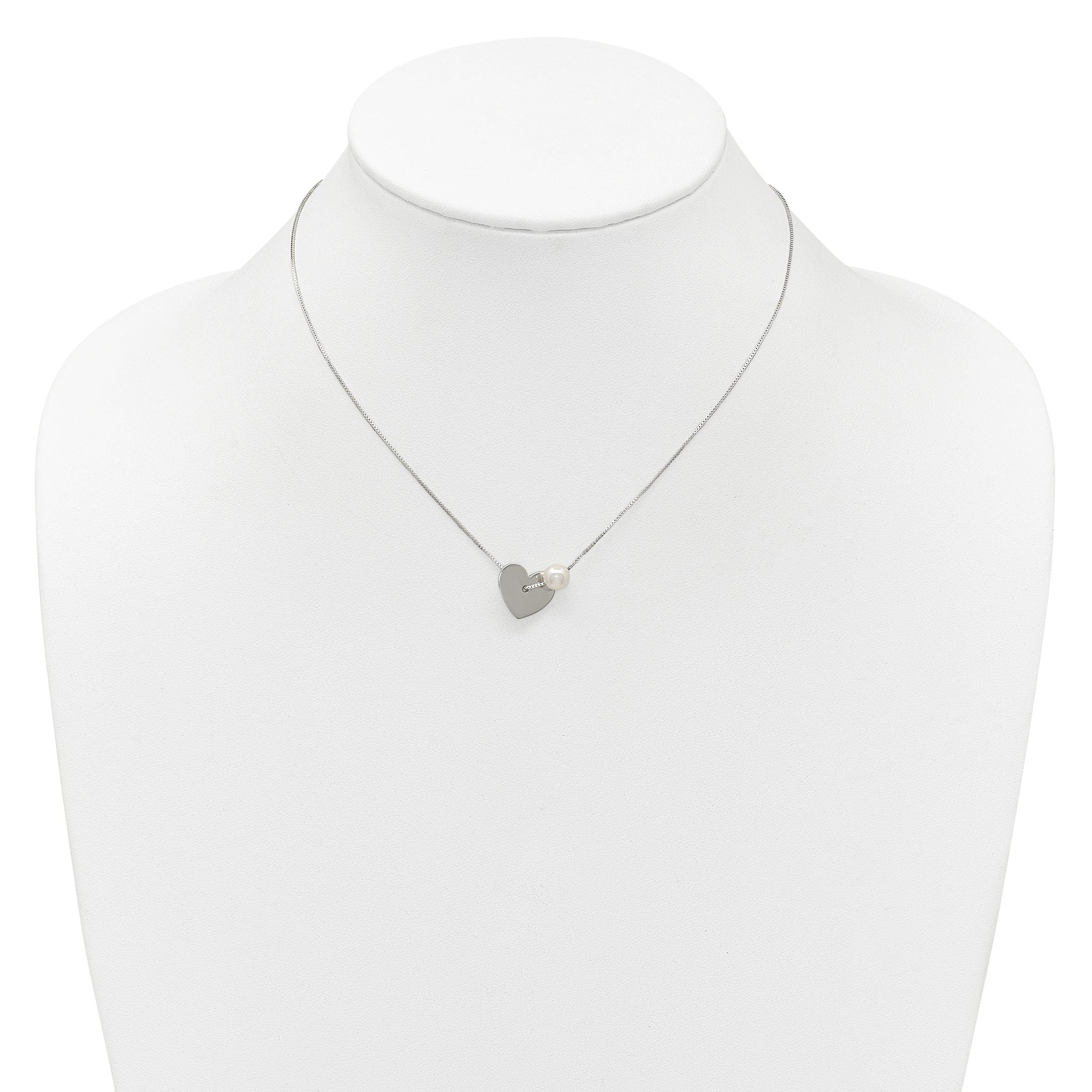 Sterling Silver Polished Heart and Glass Pearl 16 inch Necklace