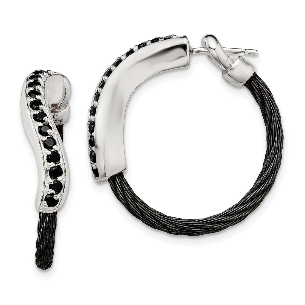 Edward Mirell Black Titanium and Sterling Silver Hoop Earrings with Black Spinel Accents