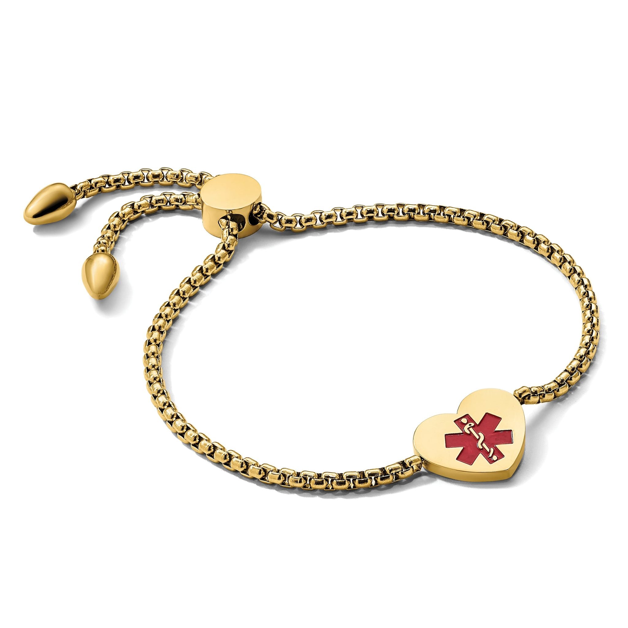 Stainless Steel Polished Yellow IP-plated with Red Enamel Heart Medical ID Adjustable Bracelet for Women