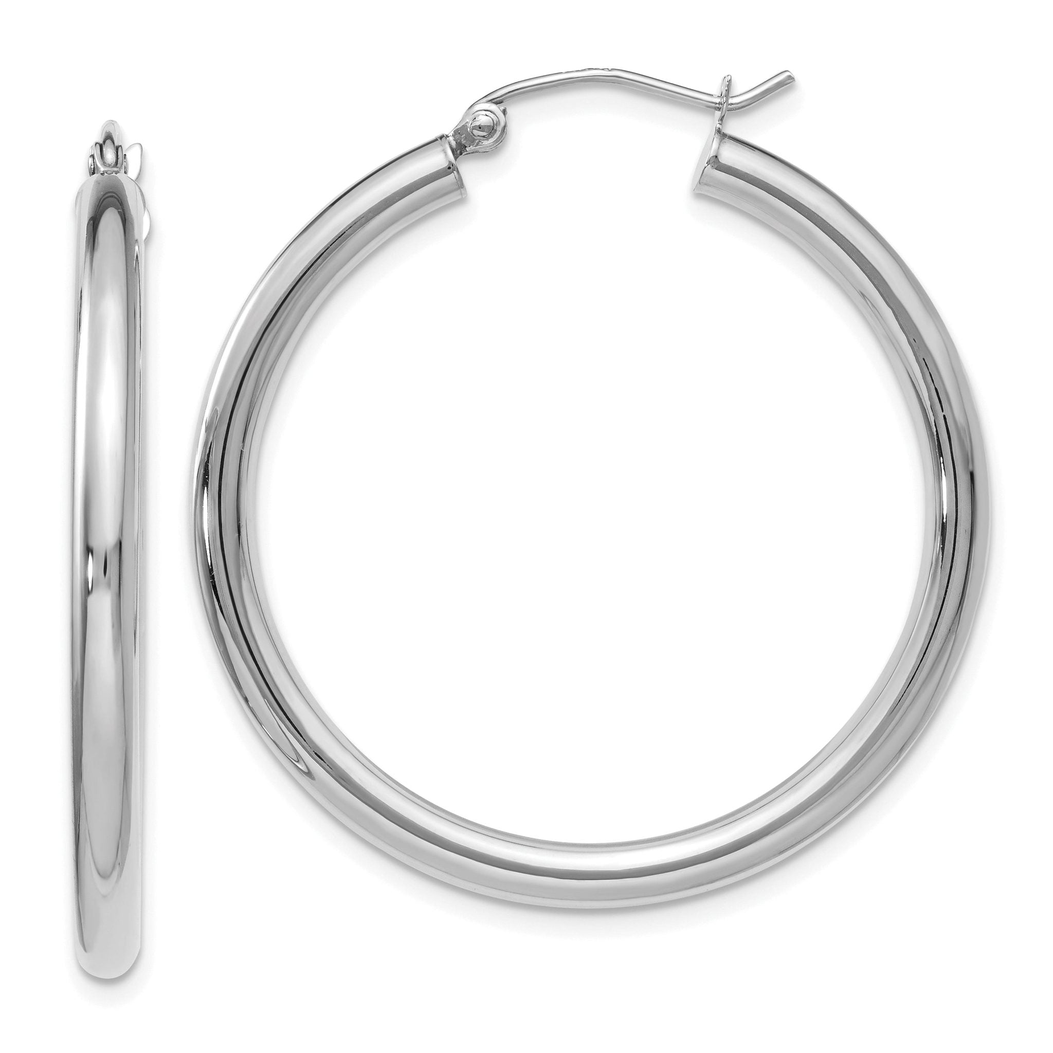 10K White Gold Polished Hoop Earrings with Rhodium Finish  35mm Elegant Design
